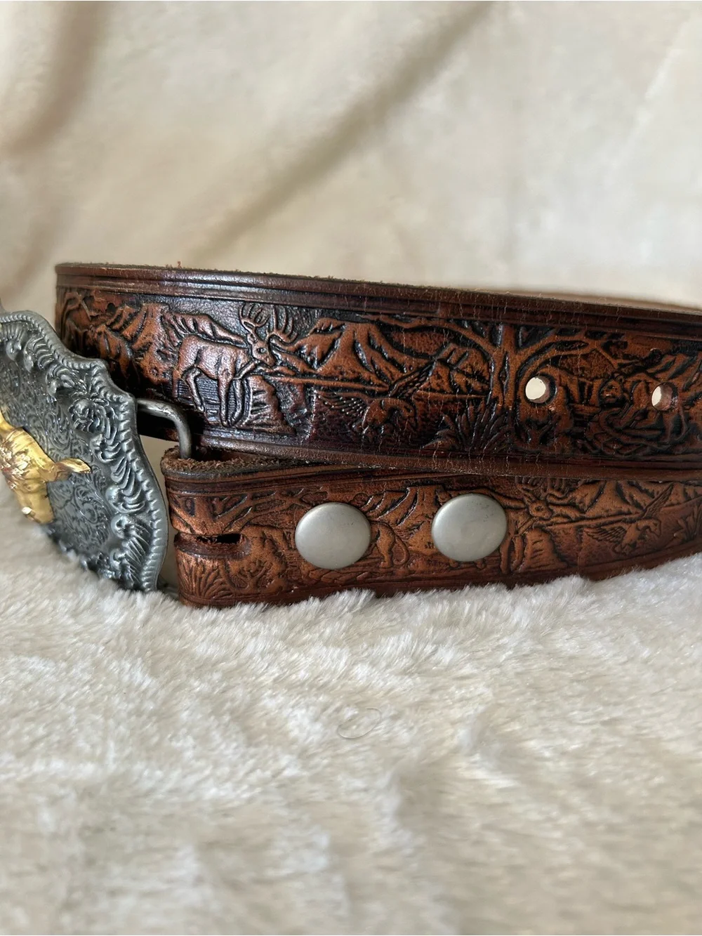 Brown tooled leather silver buckle western style belt size 28 hunting